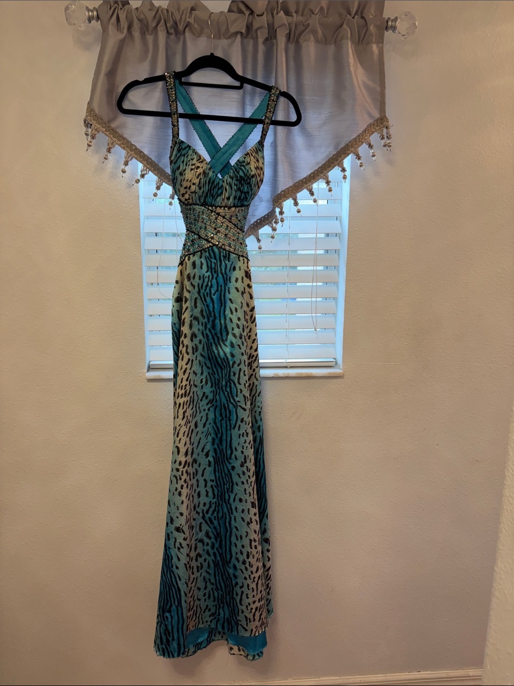 Turquoise Animal-Print Evening Gown with Cross-Back Straps